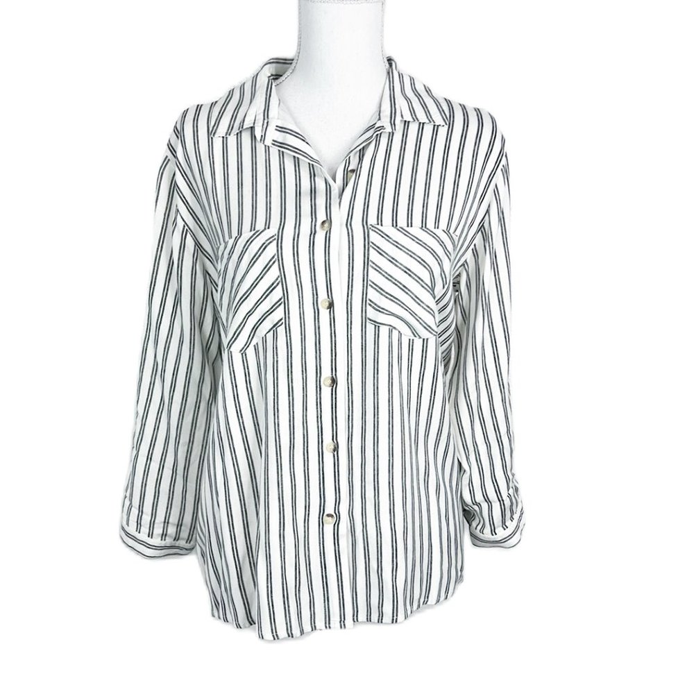 Sim & Sam Button Up Blouse Women Extra Large Black Grey Stripe 3/4 Sleeve Top